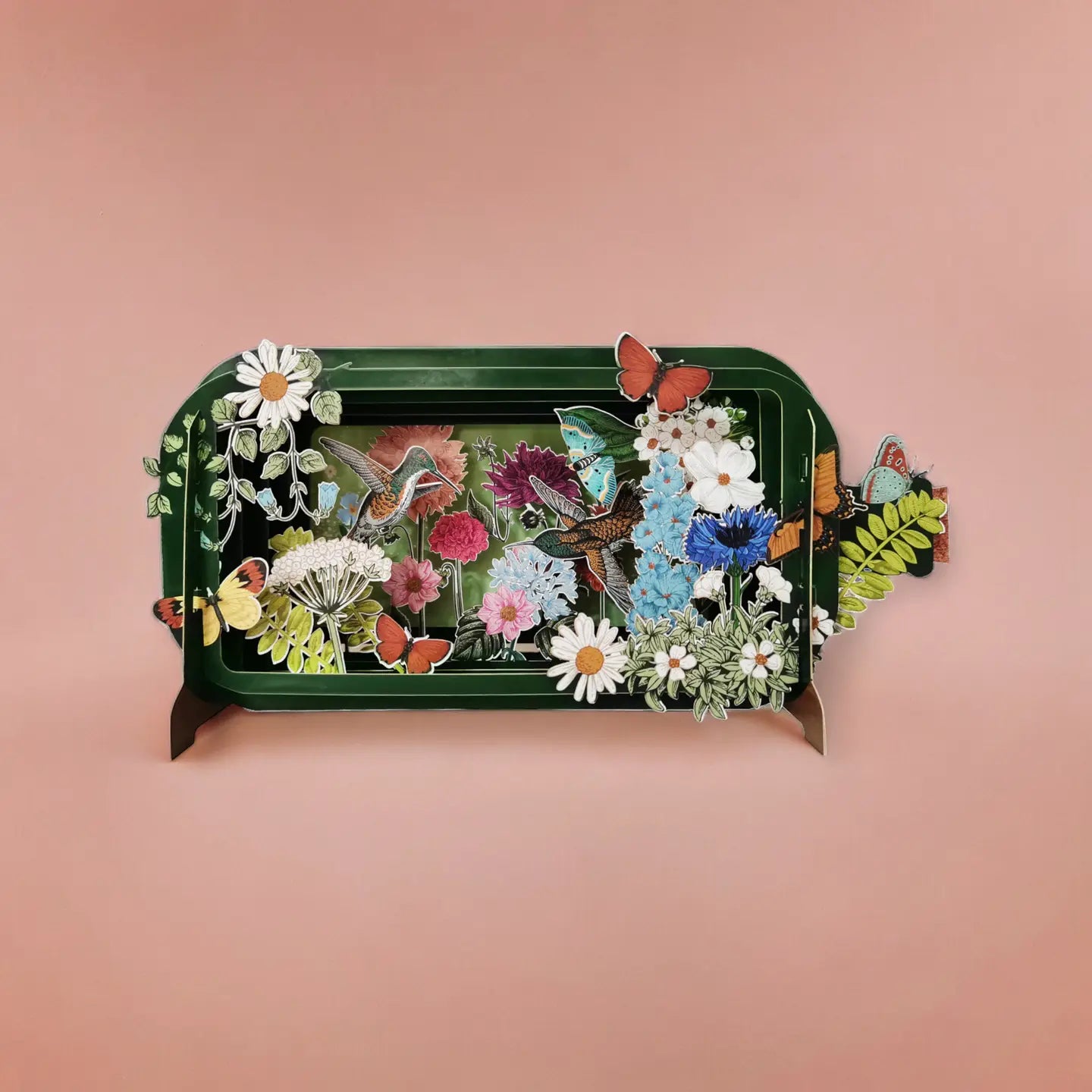 Pop-upkaart met boodschap in een fles - kolibries en bloemen