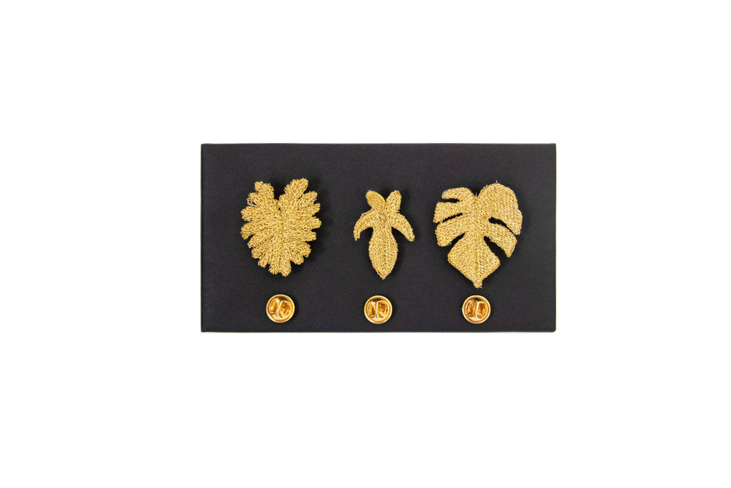 Gouden Geborduurde Broches - 3 tropische bladeren