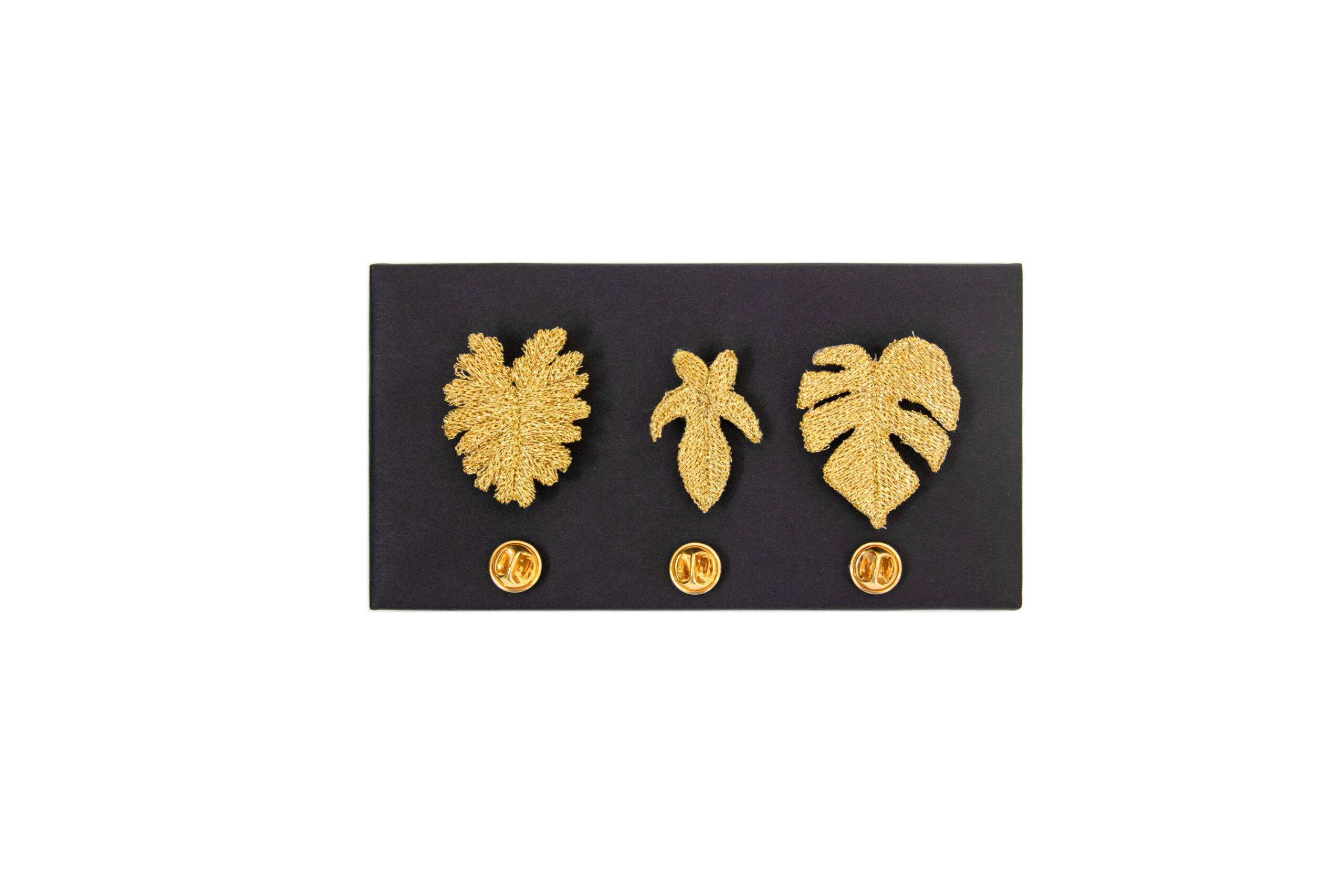 Gouden Geborduurde Broches - 3 tropische bladeren