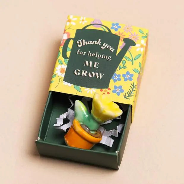 Tiny matchbox met mini beeldje (thank you for helping me grow)